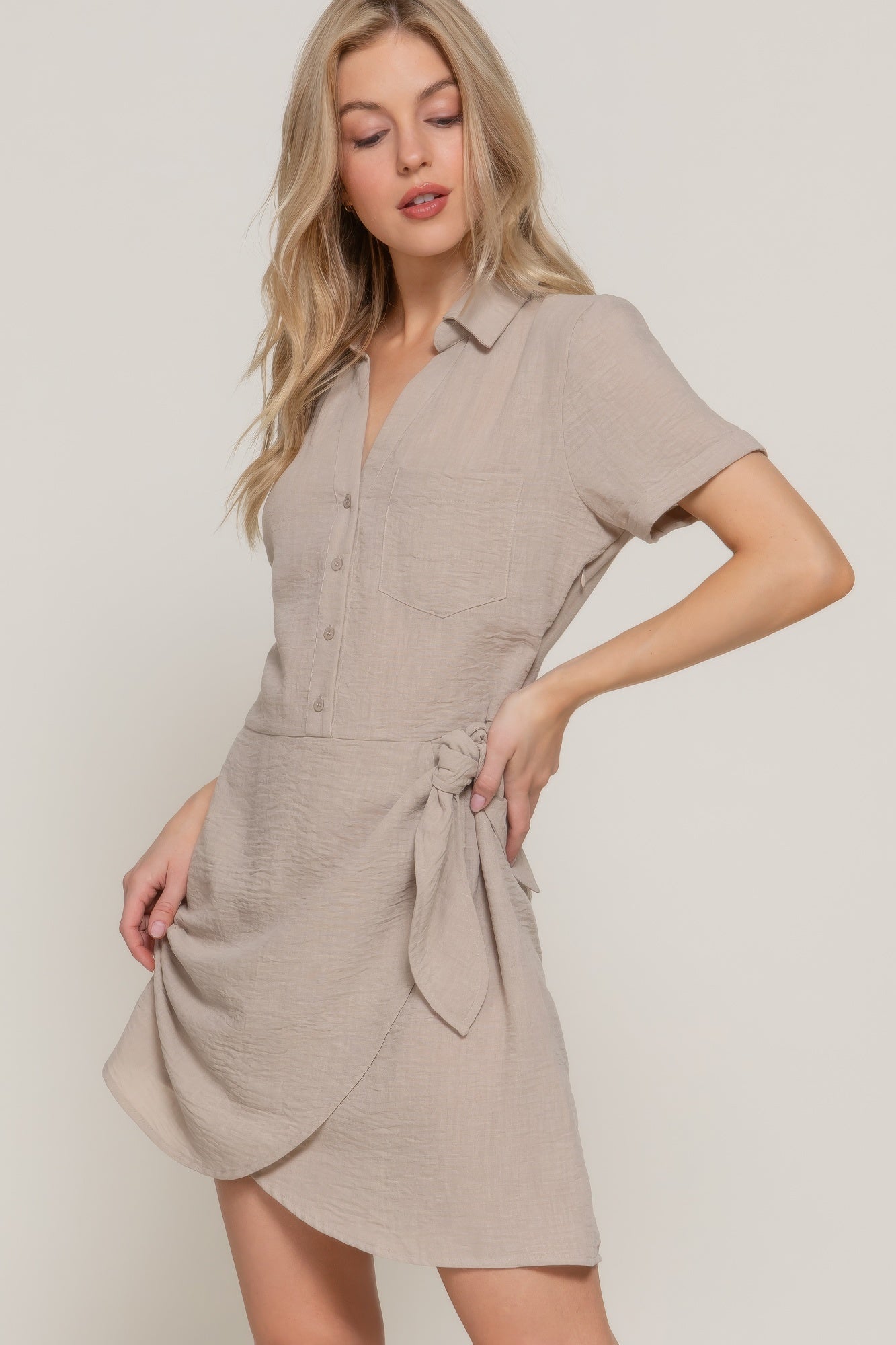 Button Down Side Bow Linen Effect Mini Dress - Tigbul's Variety Fashion Shop