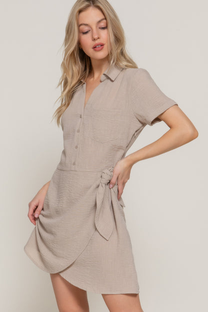 Button Down Side Bow Linen Effect Mini Dress - Tigbul's Variety Fashion Shop