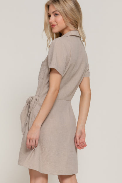 Button Down Side Bow Linen Effect Mini Dress - Tigbul's Variety Fashion Shop