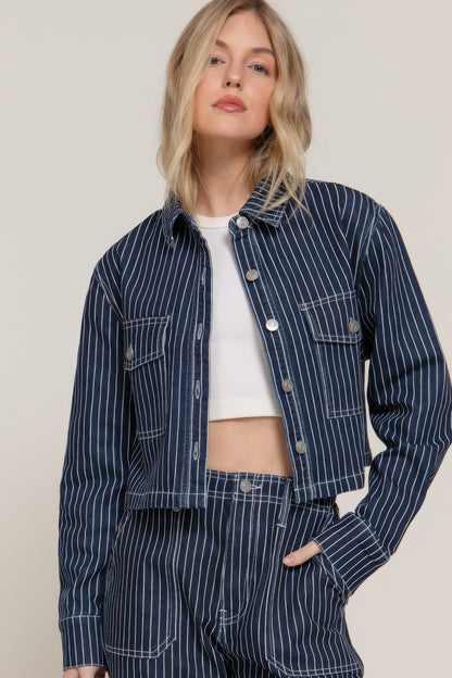 Button Down Stripe Denim Short Jacket - Tigbul's Variety Fashion Shop