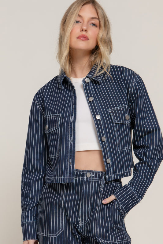 Button Down Stripe Denim Short Jacket - Tigbul's Variety Fashion Shop