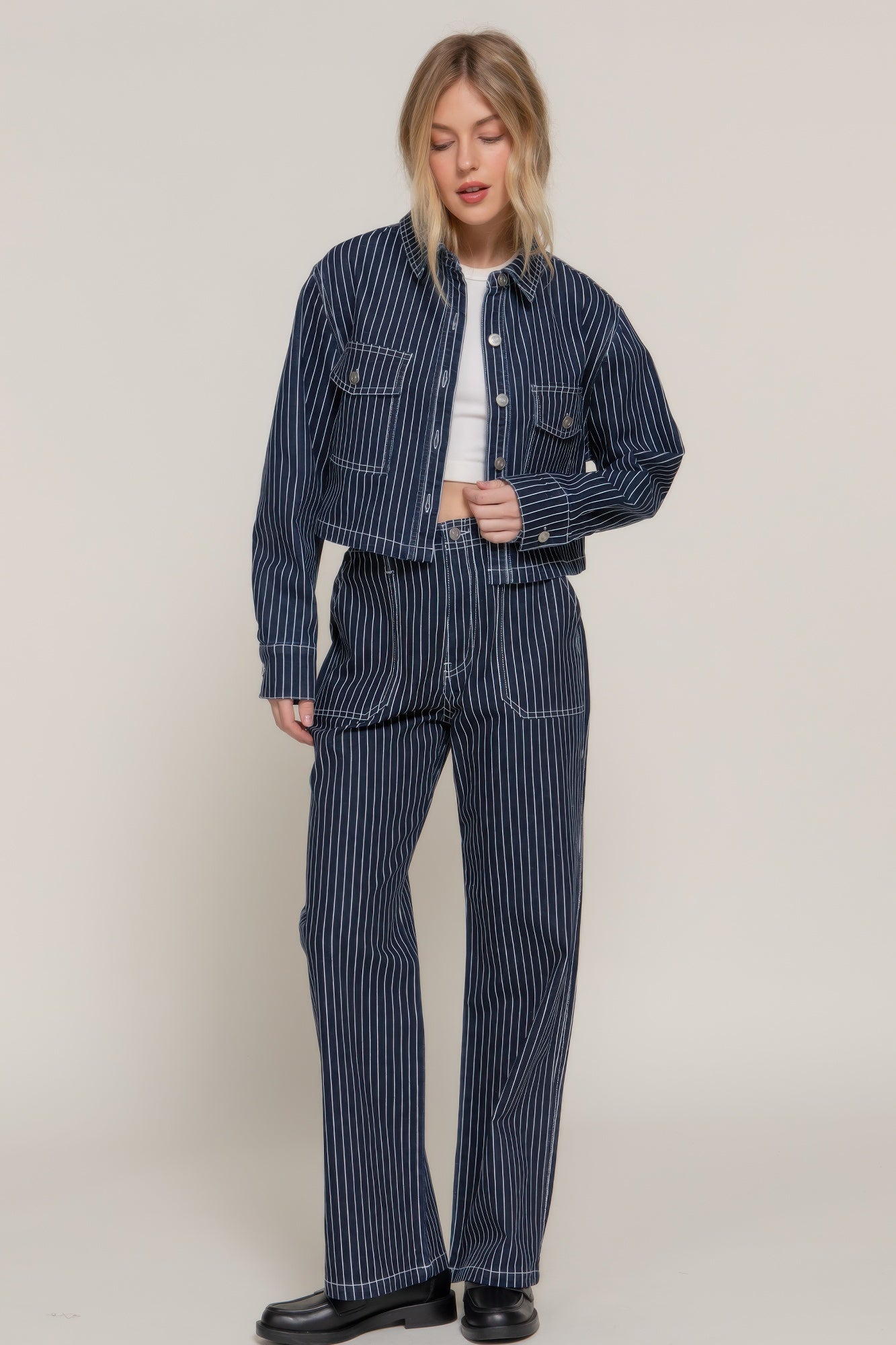Button Down Stripe Denim Short Jacket - Tigbul's Variety Fashion Shop