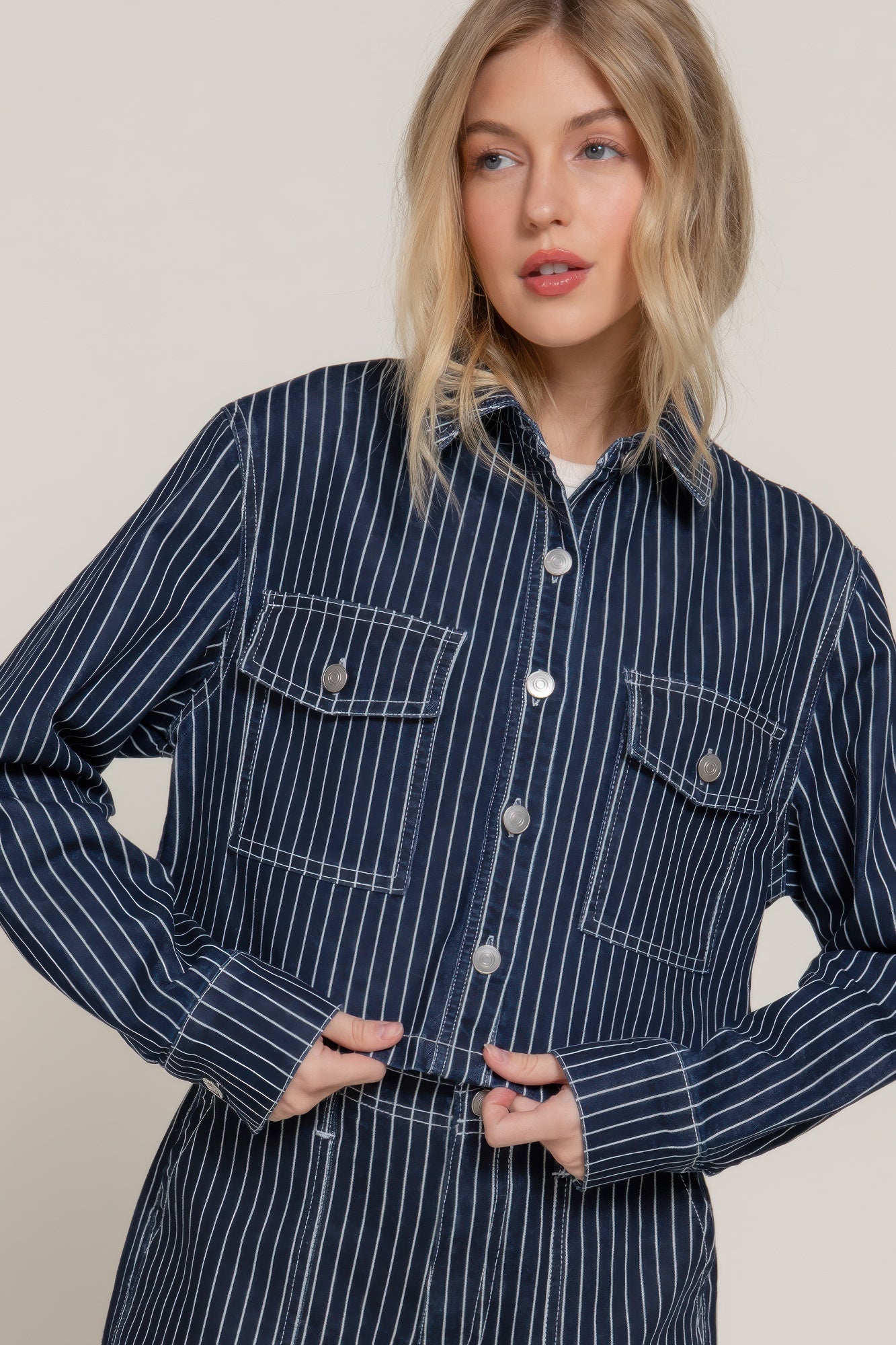 Button Down Stripe Denim Short Jacket - Tigbul's Variety Fashion Shop