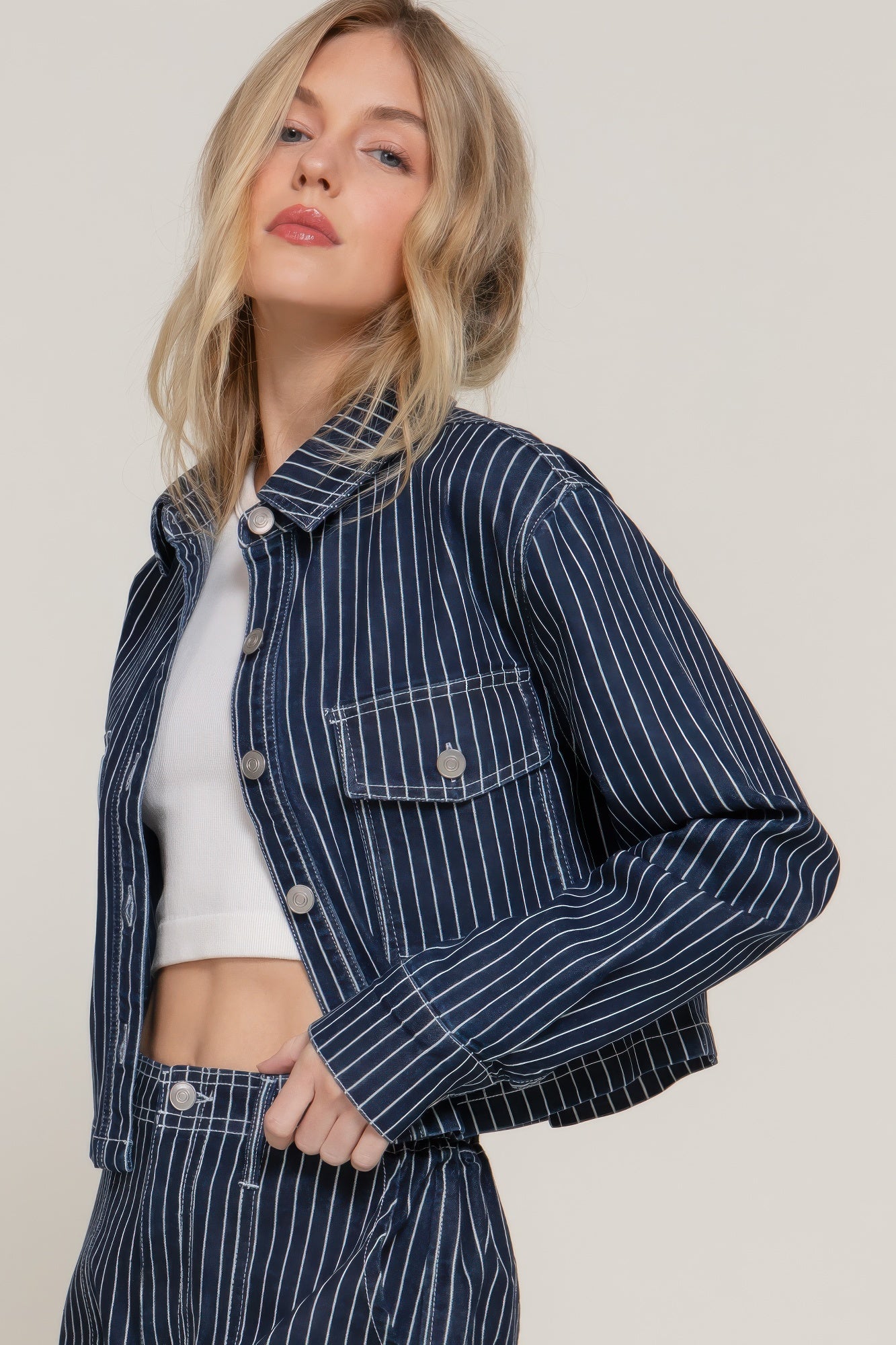 Button Down Stripe Denim Short Jacket - Tigbul's Variety Fashion Shop