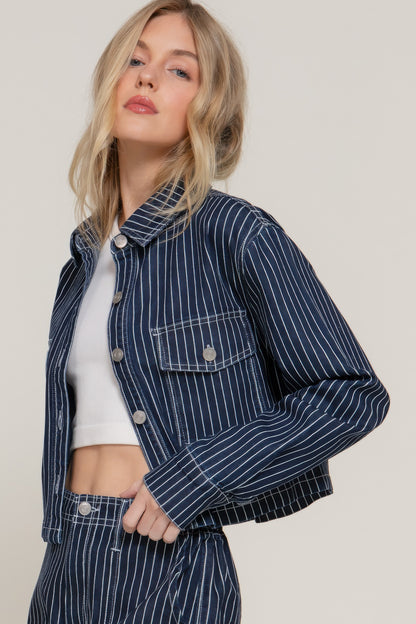 Button Down Stripe Denim Short Jacket - Tigbul's Variety Fashion Shop