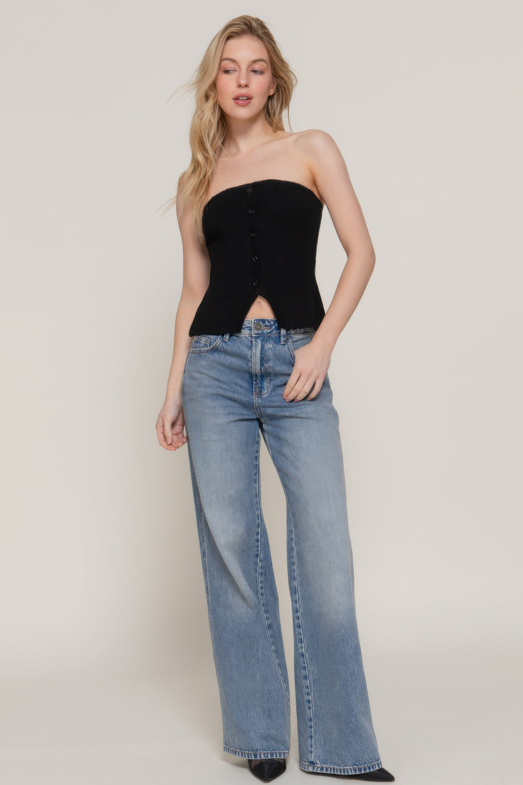 Black bandeau sweater top with front buttons and cropped tube silhouette
