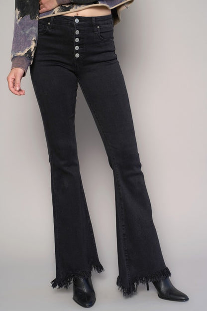 Button Fly Fray Hem Flare Jeans - Tigbul's Variety Fashion Shop