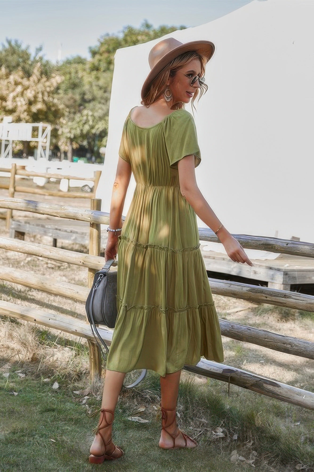 Button V Neck Tiered Short Sleeve Midi Dress - Tigbul's Variety Fashion Shop