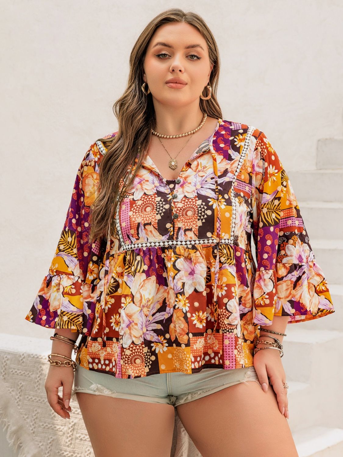 Plus Size Printed Tie Neck Blouse - Tigbul's Variety Fashion Shop