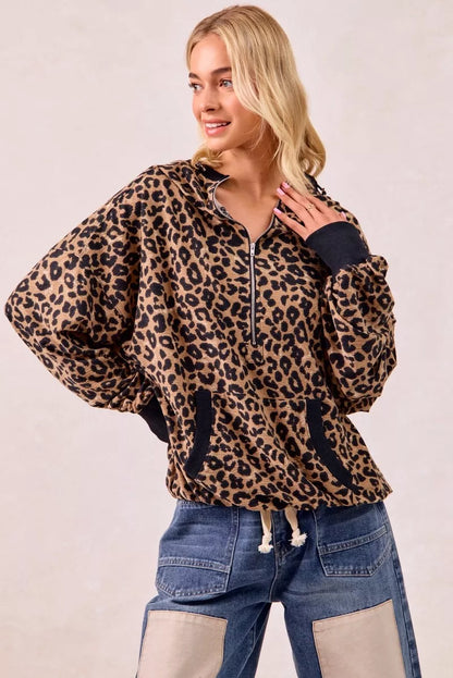 BiBi Leopard Print Waffle Half Zip Up Hoodie W Pocket - Tigbul's Variety Fashion Shop
