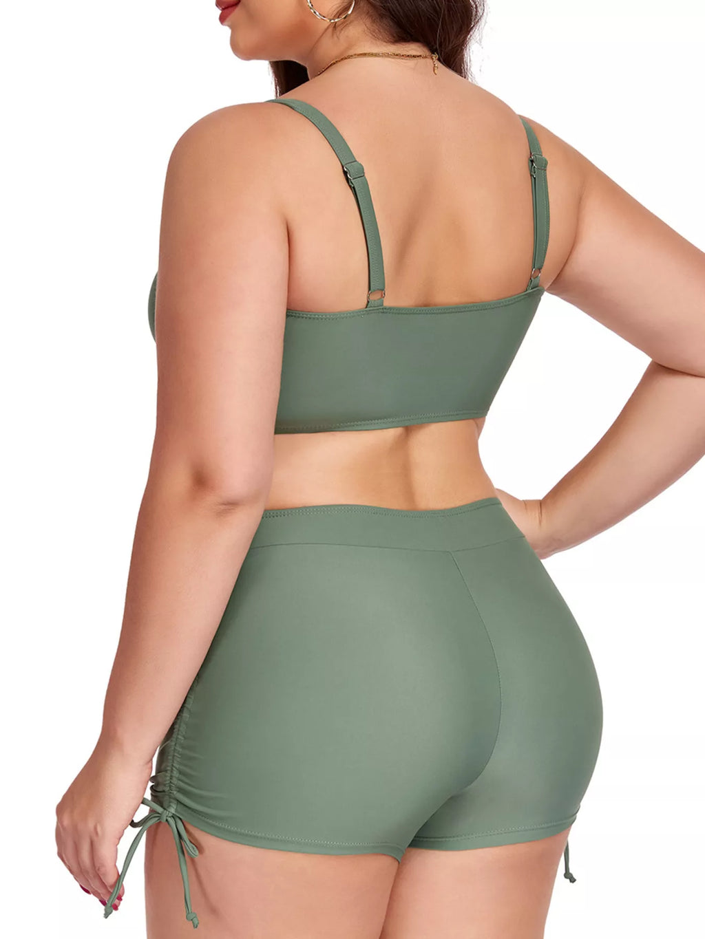 Back view of army green plus size ruched swim set with adjustable straps