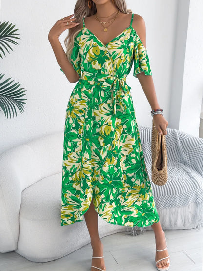 Printed Cold Shoulder Midi Cami Dress - Tigbul's Variety Fashion Shop