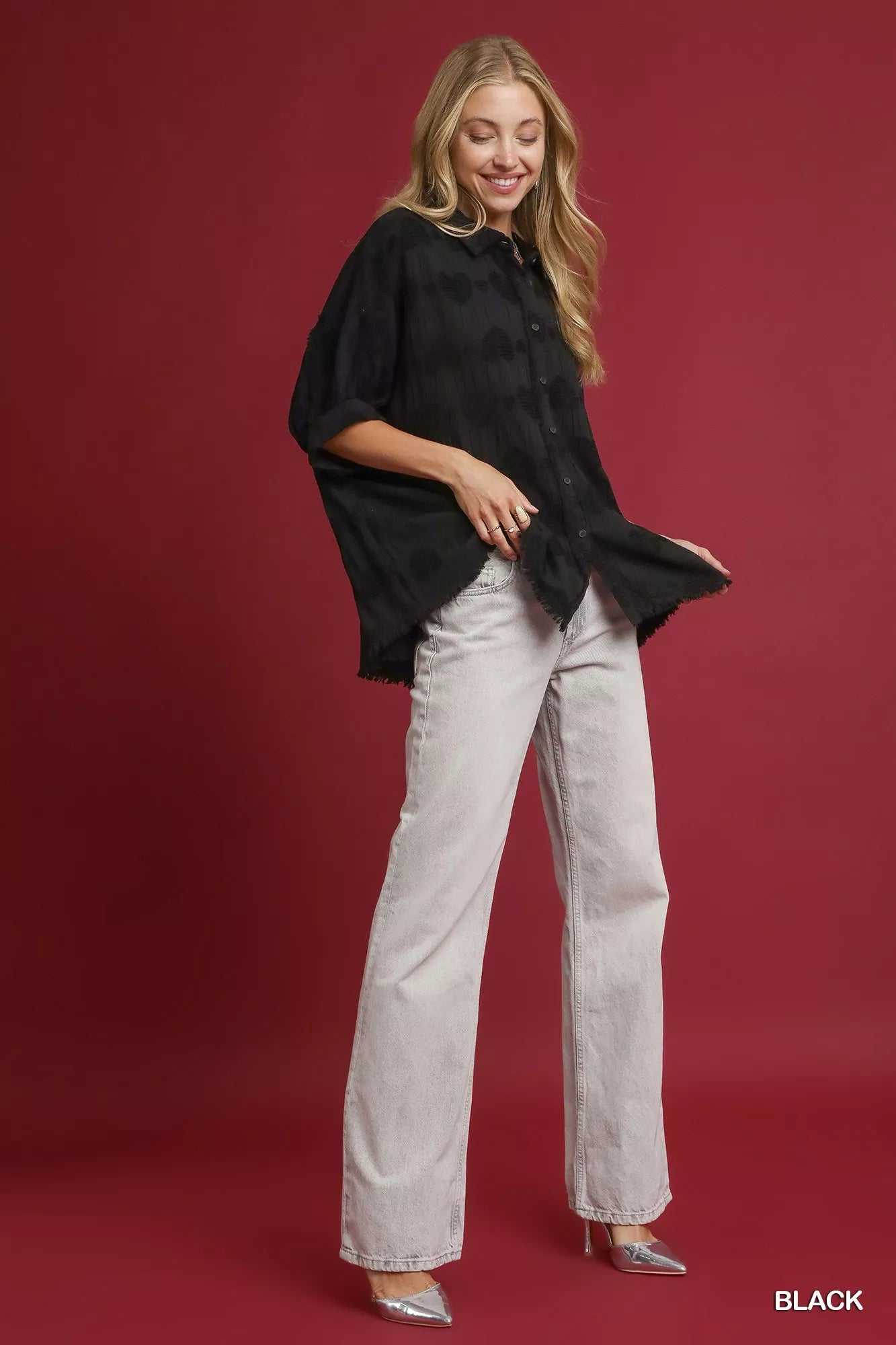 Umgee Jacquard Heart Collared Shirt - Tigbul's Variety Fashion Shop