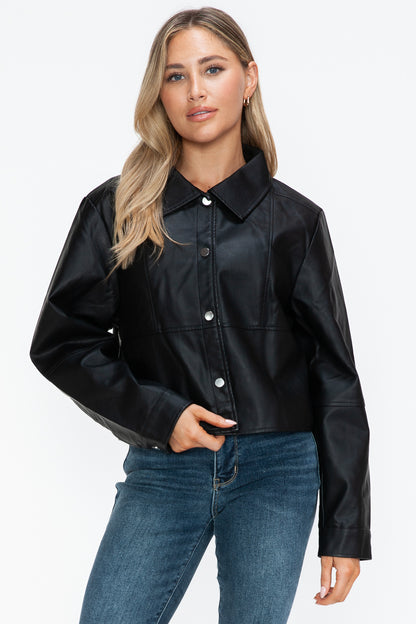 Black Snap Down Long Sleeve PU Leather Jacket