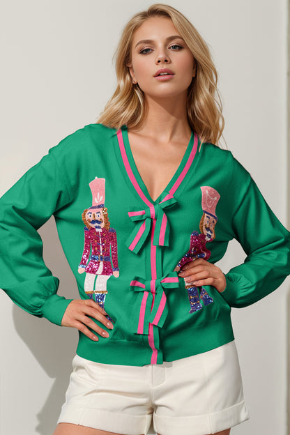Nutcracker Sequin Bow Decor Cardigan - Tigbul's Variety Fashion Shop