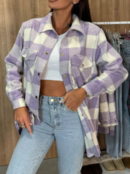 Plaid Button-Down Long Sleeve Shacket - Tigbul's Variety Fashion Shop