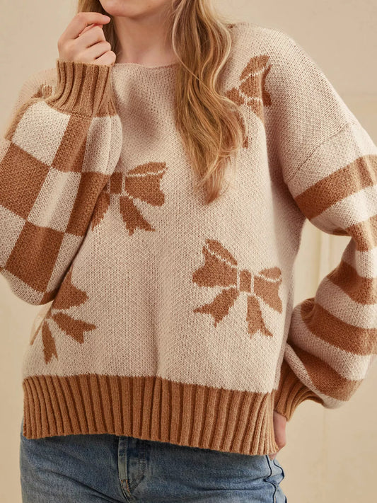 Ribbon Bow Checkered Striped Sleeve Drop Shoulder Sweater - Tigbul's Variety Fashion Shop