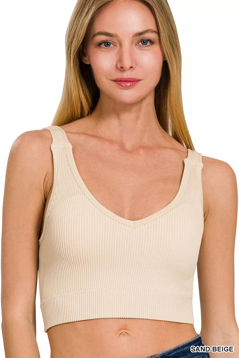 Sand beige seamless ribbed cropped bra with V-neck tank style
