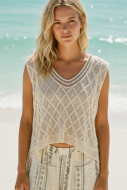 Beige Crochet Tank with Diamond Weave Knit Patterns | Tigbuls