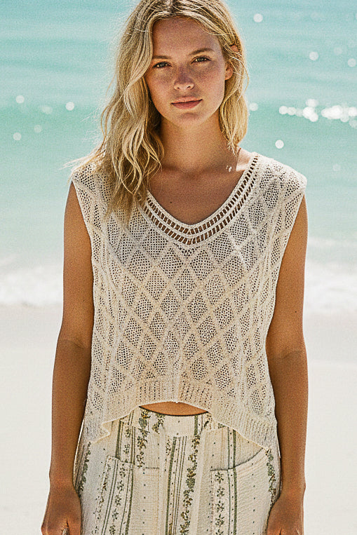 Beige Crochet Tank with Diamond Weave Knit Patterns | Tigbuls