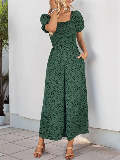 Printed Square Neck Puff Sleeve Jumpsuit - Tigbul's Variety Fashion Shop