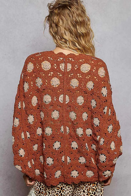 POL Openwork V-Neck Chenille Cardigan with Contrast Floral - Tigbul's Variety Fashion Shop