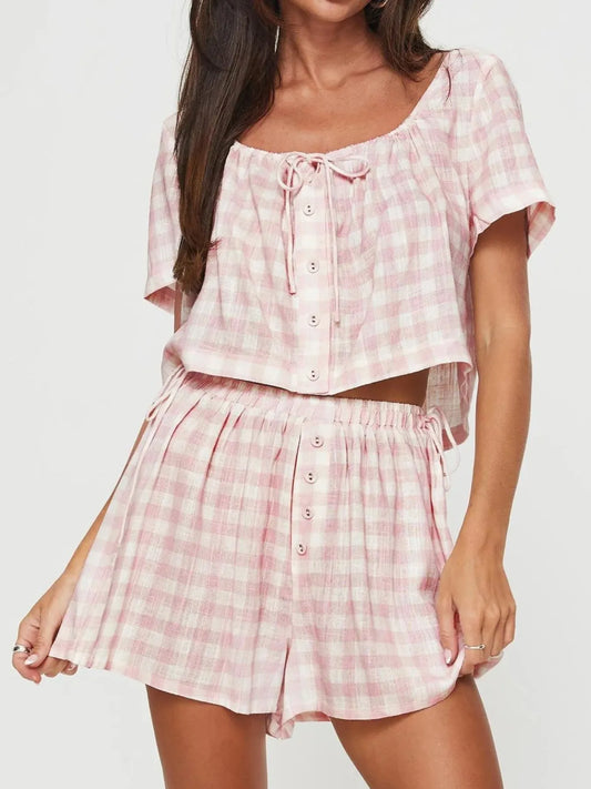 Gingham Check Top and Shorts Two-Piece Casual Set - Tigbul's Variety Fashion Shop