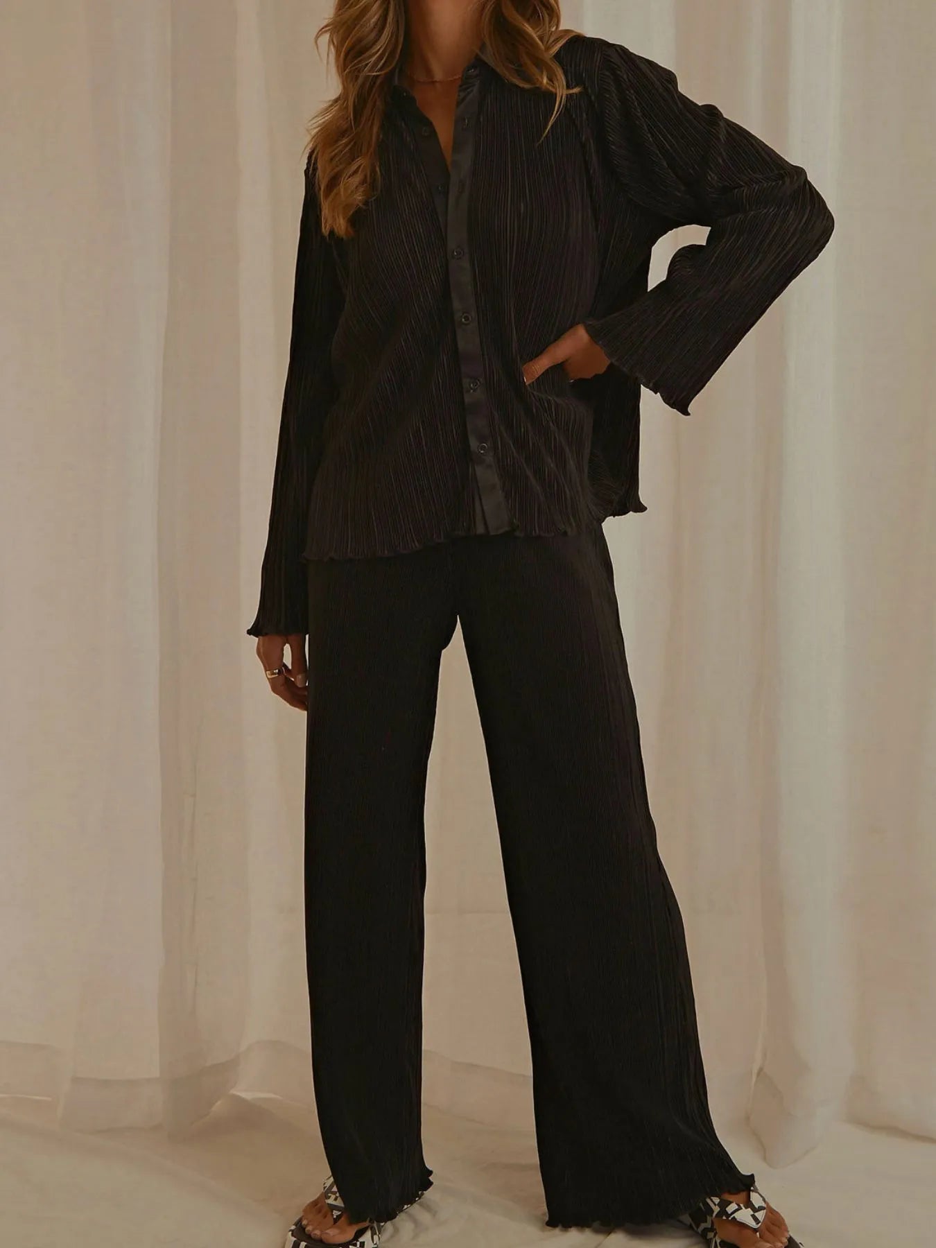 Button Up Long Sleeve Top and Pants Set - Tigbul's Variety Fashion Shop