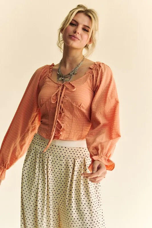 Peach Color Strap Front Corset Look Long Puff Sleeve Blouse - Tigbul's Variety Fashion Shop