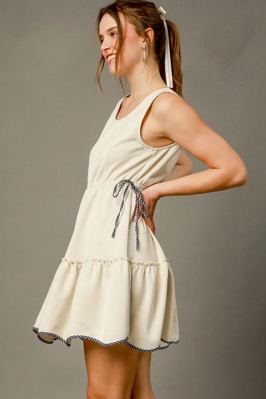 Umgee Frill Drawstring Waist Round Neck Mini Tank Dress - Tigbul's Variety Fashion Shop