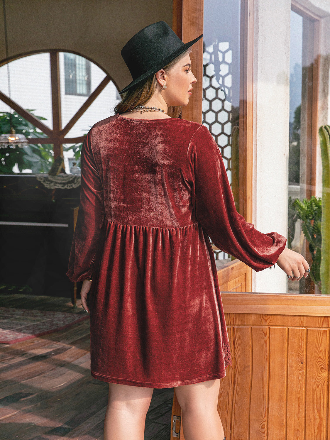 Plus Size Lace Detail V-Neck Long Sleeve Mini Dress - Tigbul's Variety Fashion Shop