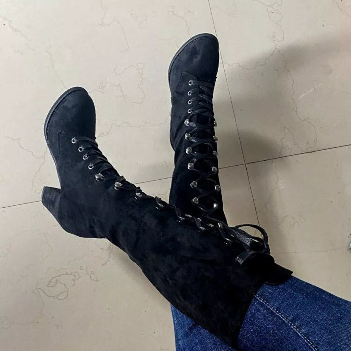 Lace Up Block Heels Boots - Tigbul's Variety Fashion Shop