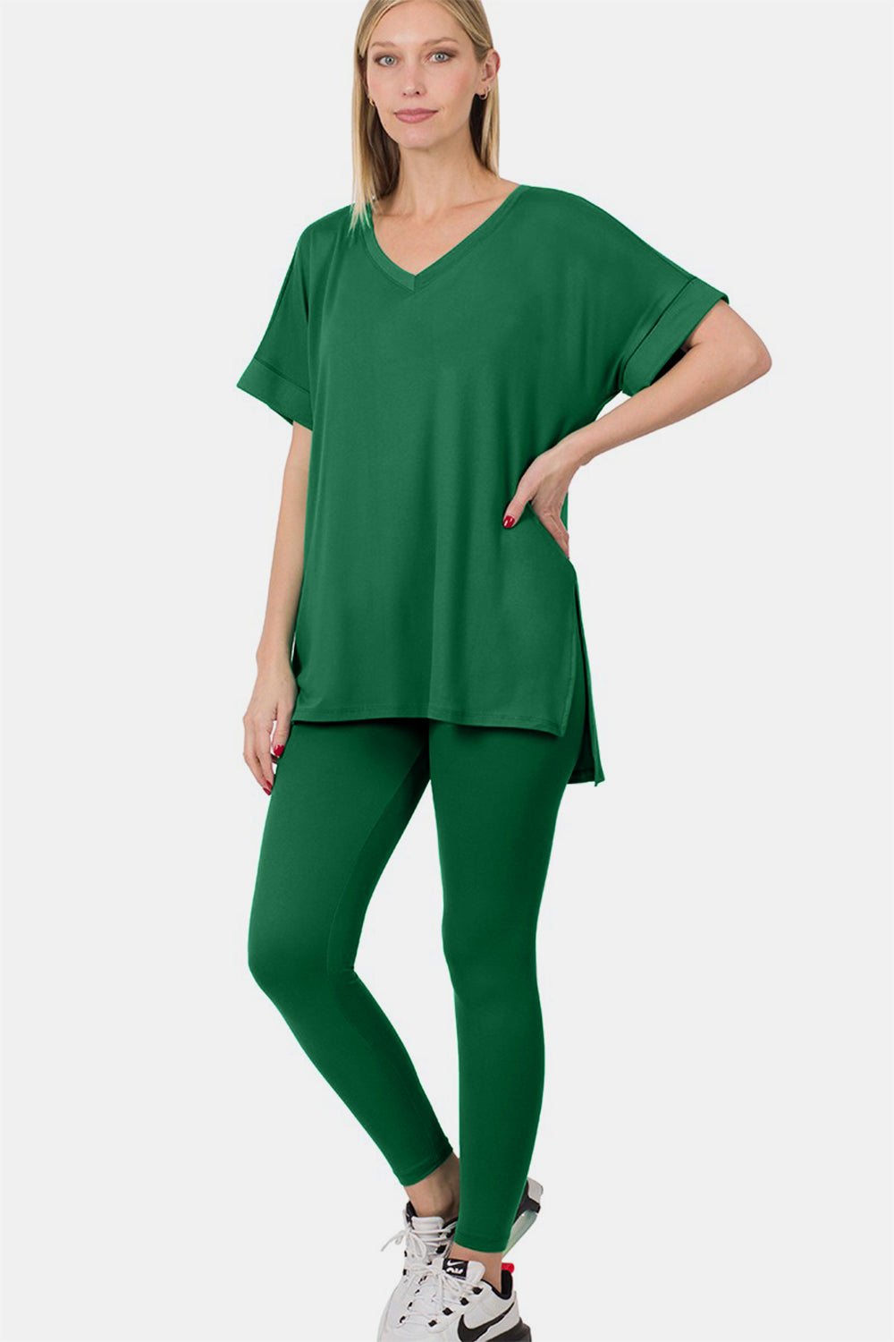 Zenana V-Neck Rolled Short Sleeve T-Shirt and Leggings Lounge Set - Tigbul's Variety Fashion Shop