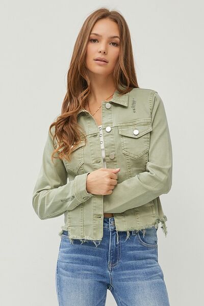 Sage Green Raw Hem Button Up Cropped Denim Jacket Plus Size - Tigbul's Variety Fashion Shop