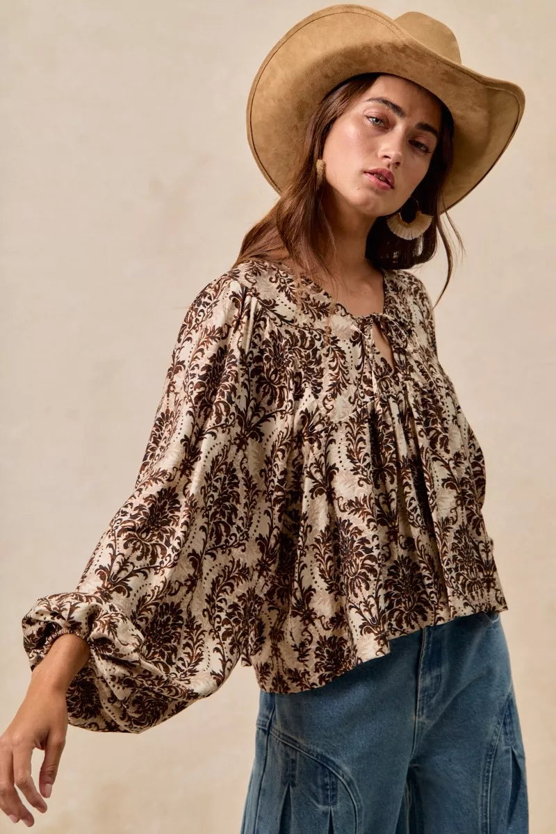 BiBi Printed Woven Front Tied Blouse with Baloon Sleeve - Tigbul's Variety Fashion Shop