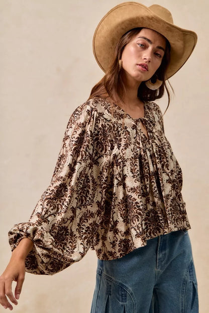 BiBi Printed Woven Front Tied Blouse with Baloon Sleeve - Tigbul's Variety Fashion Shop