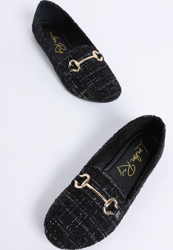 Schwarze Flat-Loafers aus Tweed mit Horsebit-Detail am Spann