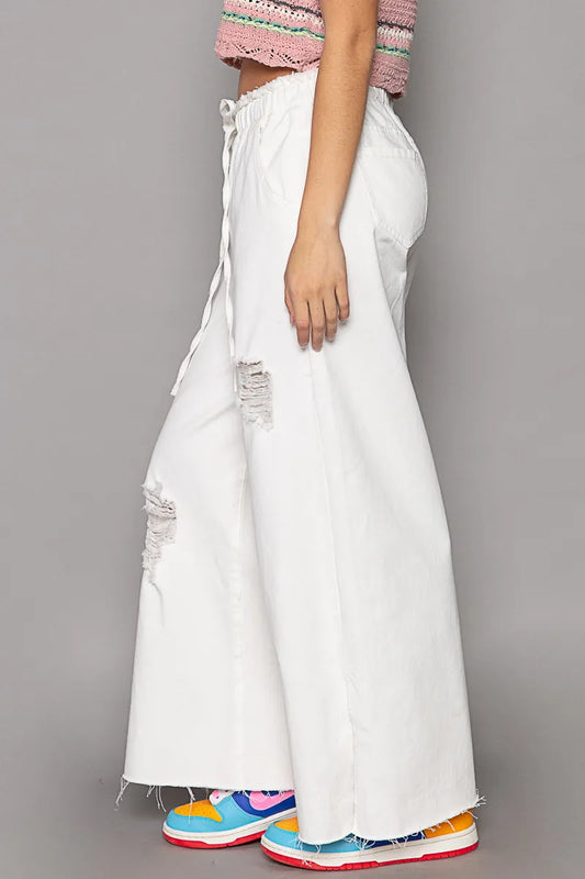 POL Distressed Drawstring Slit Wide leg Pants - Tigbul's Variety Fashion Shop
