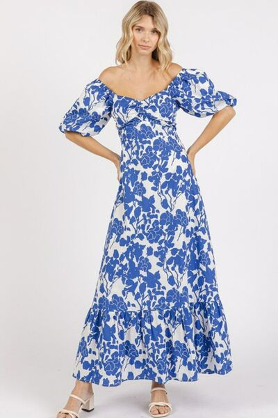 Royal Blue Cutout Back Floral Sweetheart Neck Puff Sleeve Dress - Tigbul's Variety Fashion Shop