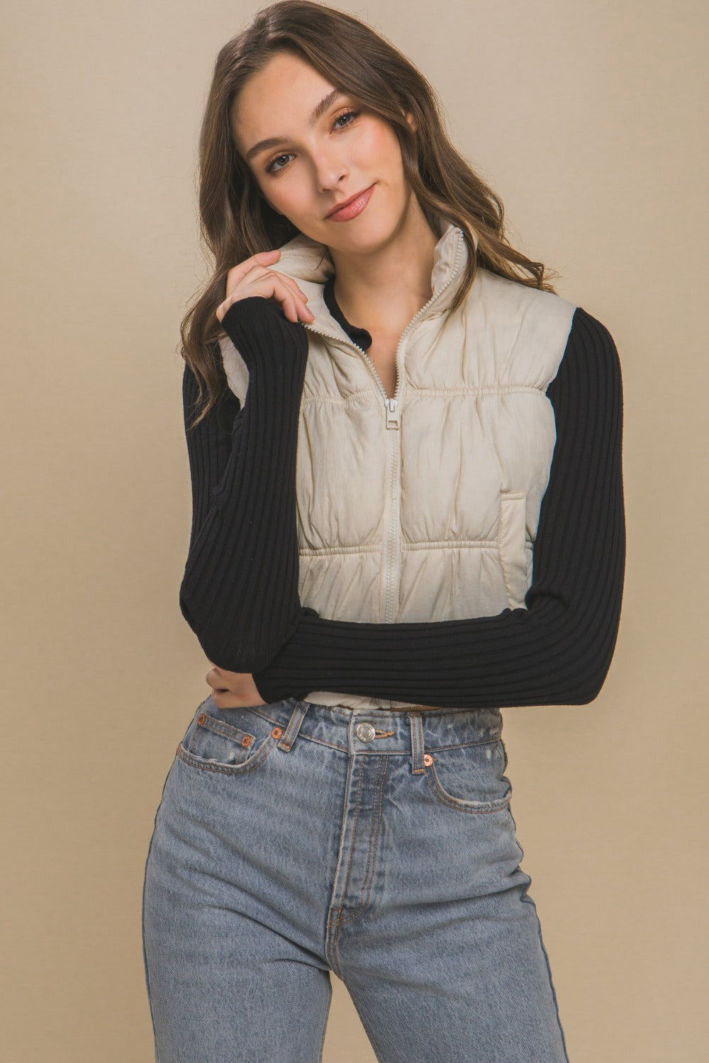 Cream Color Zip Up Turtleneck Cropped Vest Coat | Tigbuls