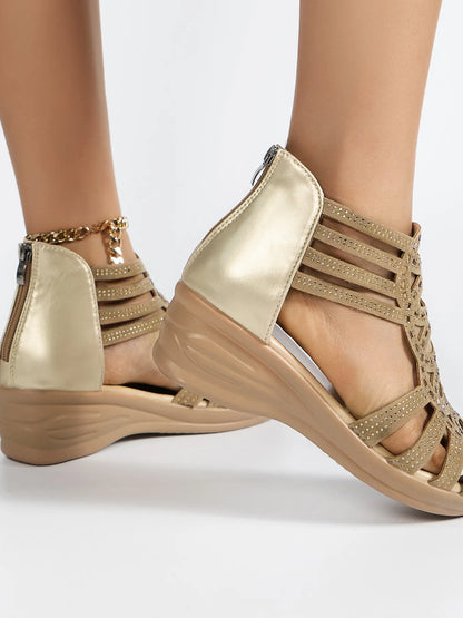 Strappy Wedge Sandals with Rhinestone Details - Tigbul's Variety Fashion Shop