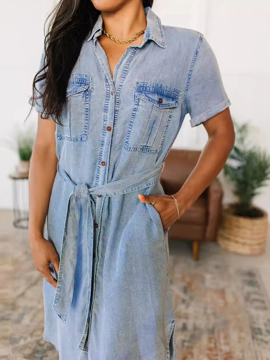 Button Front Short Sleeve Denim Dress - Tigbul's Variety Fashion Shop