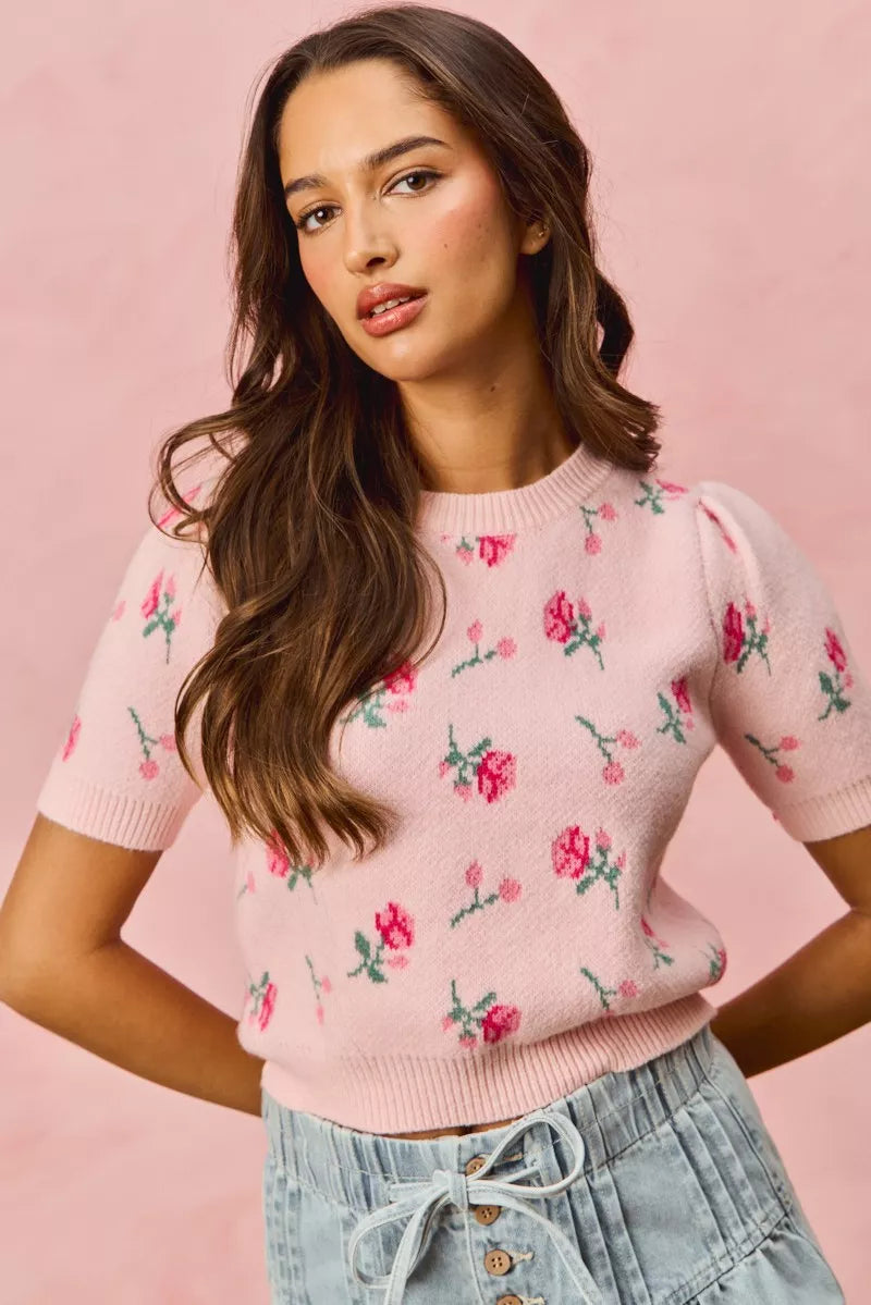 SO ME Floral Pattern Knit Puff Sleeves Sweater Top - Tigbul's Variety Fashion Shop