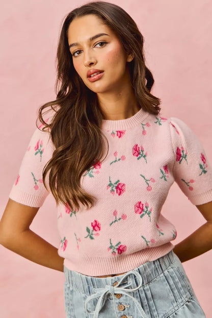 SO ME Floral Pattern Knit Puff Sleeves Sweater Top - Tigbul's Variety Fashion Shop