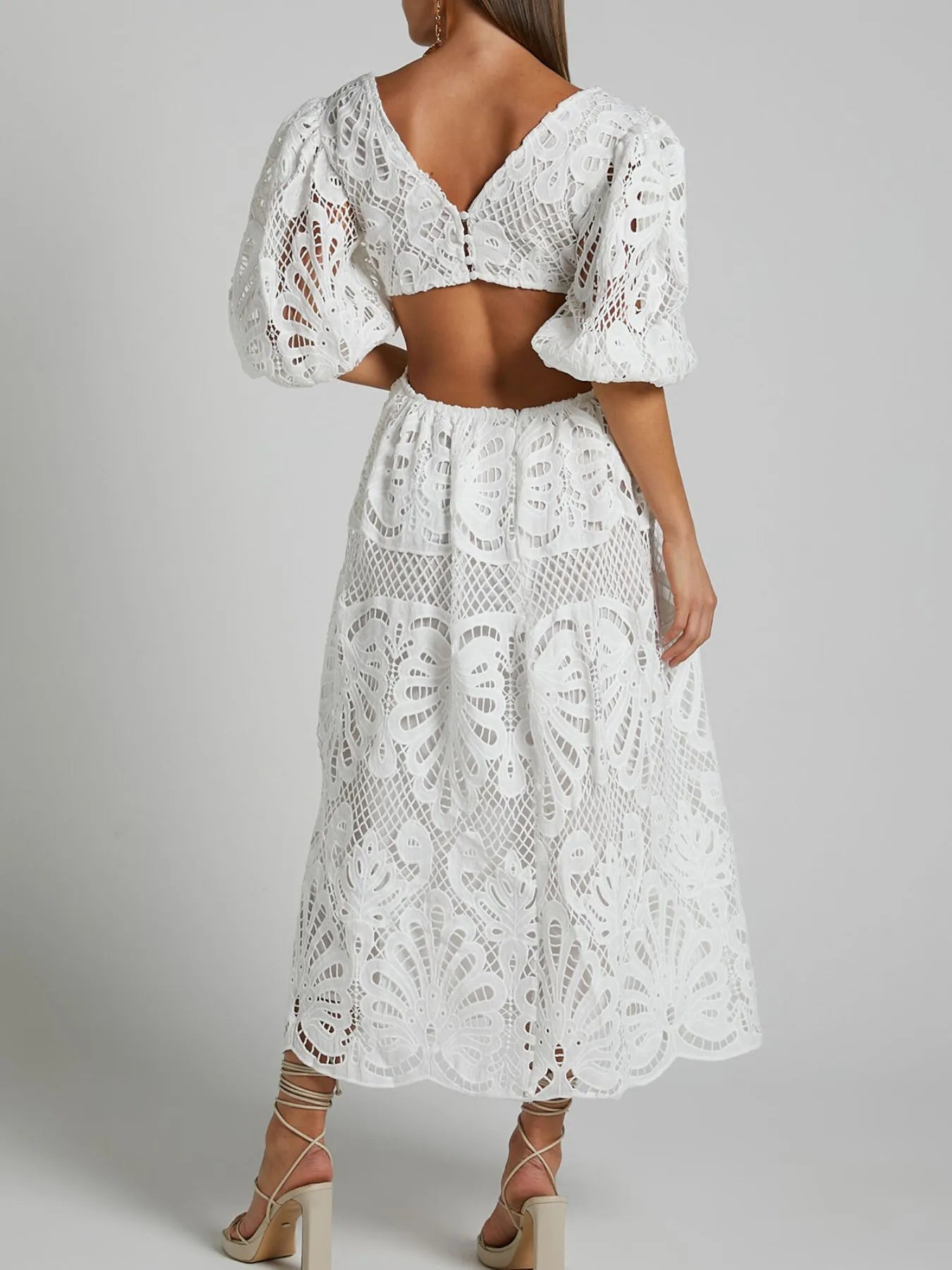 Cutout Back Lace Crochet V-Neck Dress - Tigbul's Variety Fashion Shop