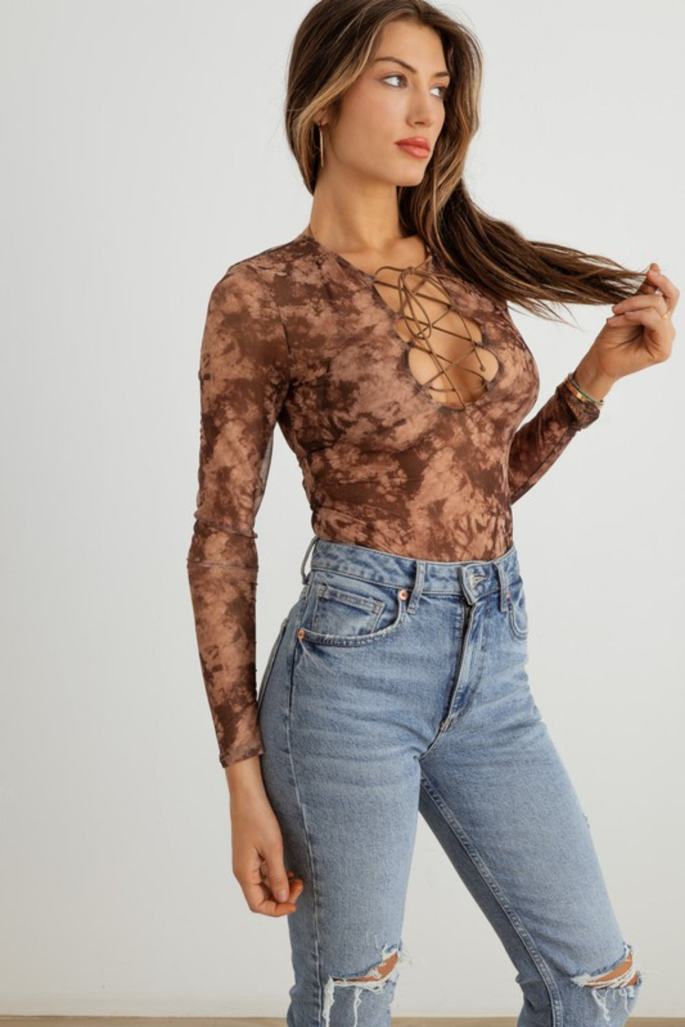 HERA COLLECTION Abstract Mesh Lace-Up Long Sleeve Bodysuit - Tigbuls Variety Fashion