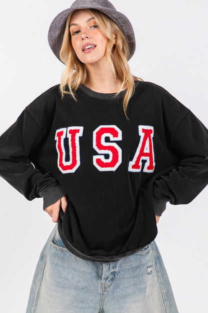 Sage + Fig USA Letter Patch Round Neck Sweatshirt - Tigbul's Variety Fashion Shop