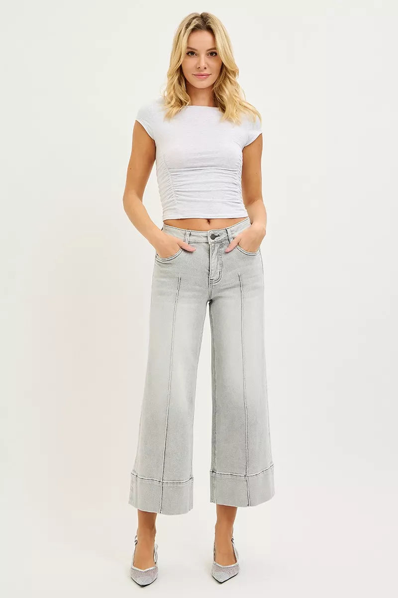 Tummy Control Mid Rise Crop Wide Leg Light Gray Jeans - Tigbul's Variety Fashion Shop