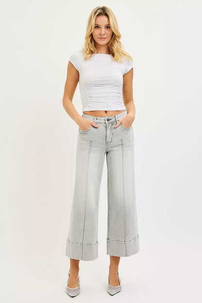 Tummy Control Mid Rise Crop Wide Leg Light Gray Jeans - Tigbul's Variety Fashion Shop
