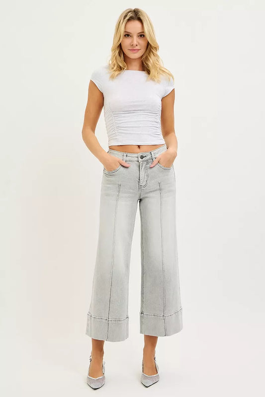 Tummy Control Mid Rise Crop Wide Leg Light Gray Jeans - Tigbul's Variety Fashion Shop
